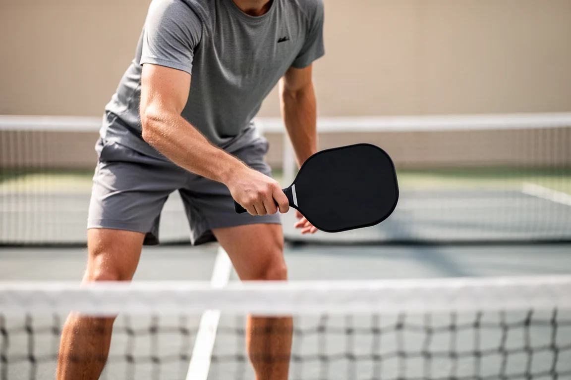 Giocatore di pickleball che si prepara a colpire un dink morbido alla linea di cucina