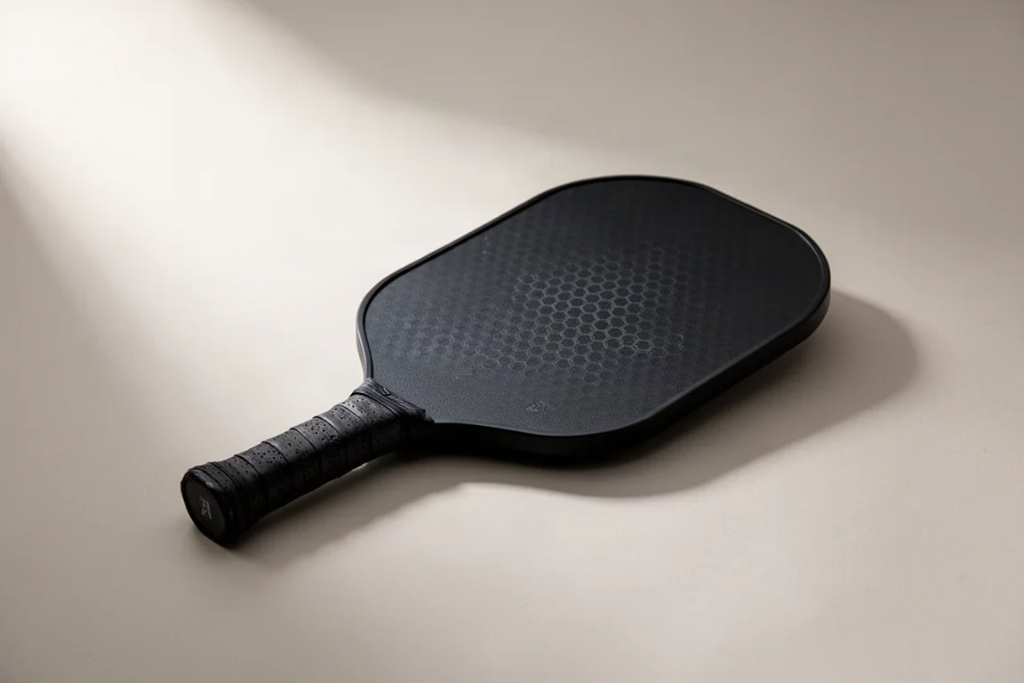 Pala da pickleball 11six24 Jelly Bean 2 con superficie nera opaca su sfondo grigio