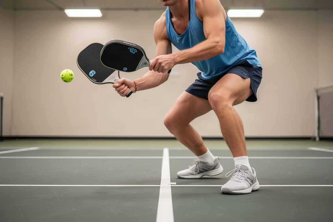 Giocatore di pickleball pronto a colpire un dink sulla linea della cucina in un campo indoor