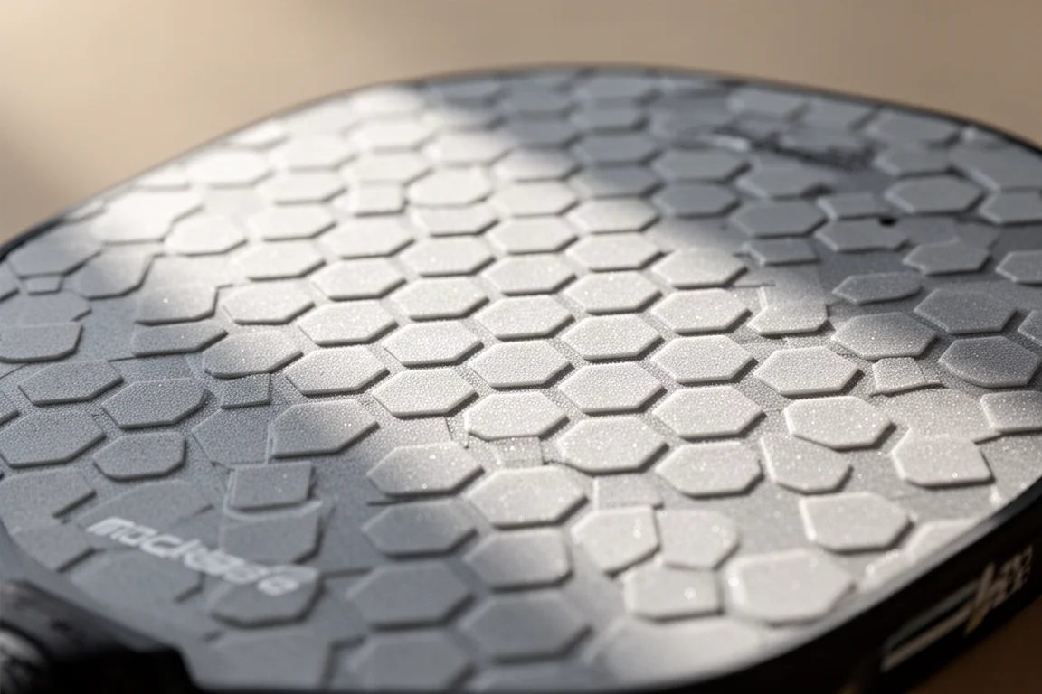 Primo piano della superficie di una paddle da pickleball che mostra la texture esagonale