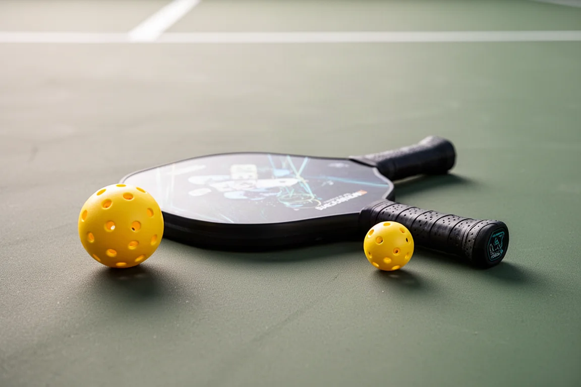 Paddle da pickleball appoggiata sulla superficie del campo con una palla vicino