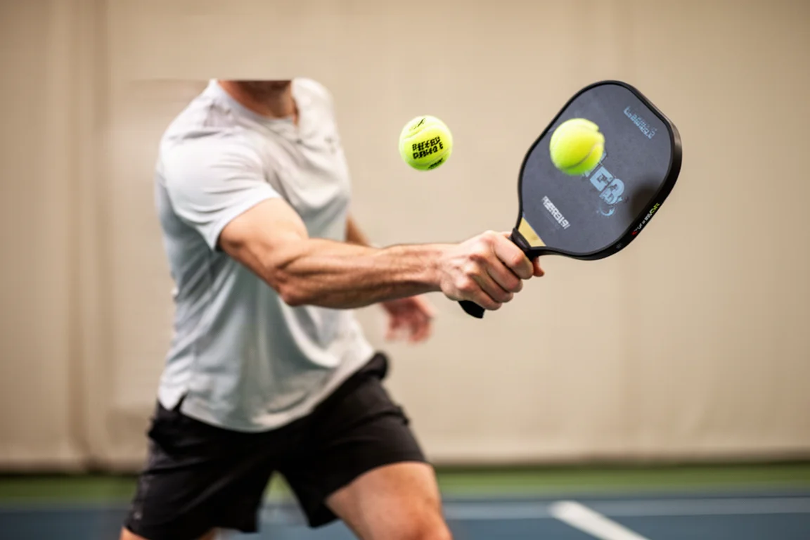 Giocatore che serve a pickleball con un follow-through compatto