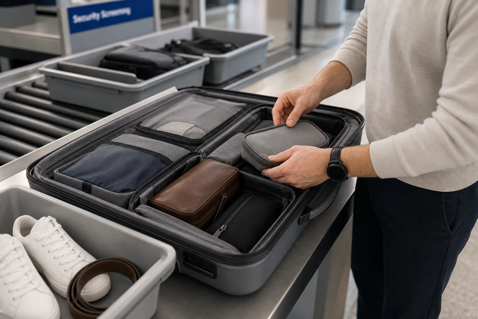 Traveler at airport security checkpoint with organized carry-on luggage