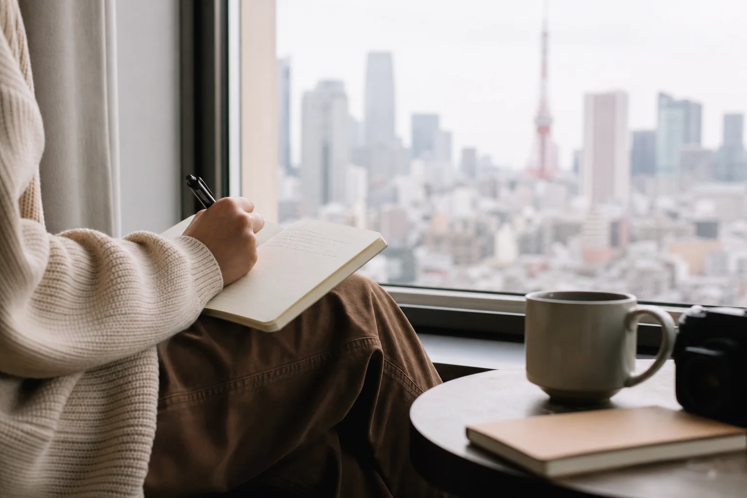 Traveler journaling in a notebook at a hotel window with city views