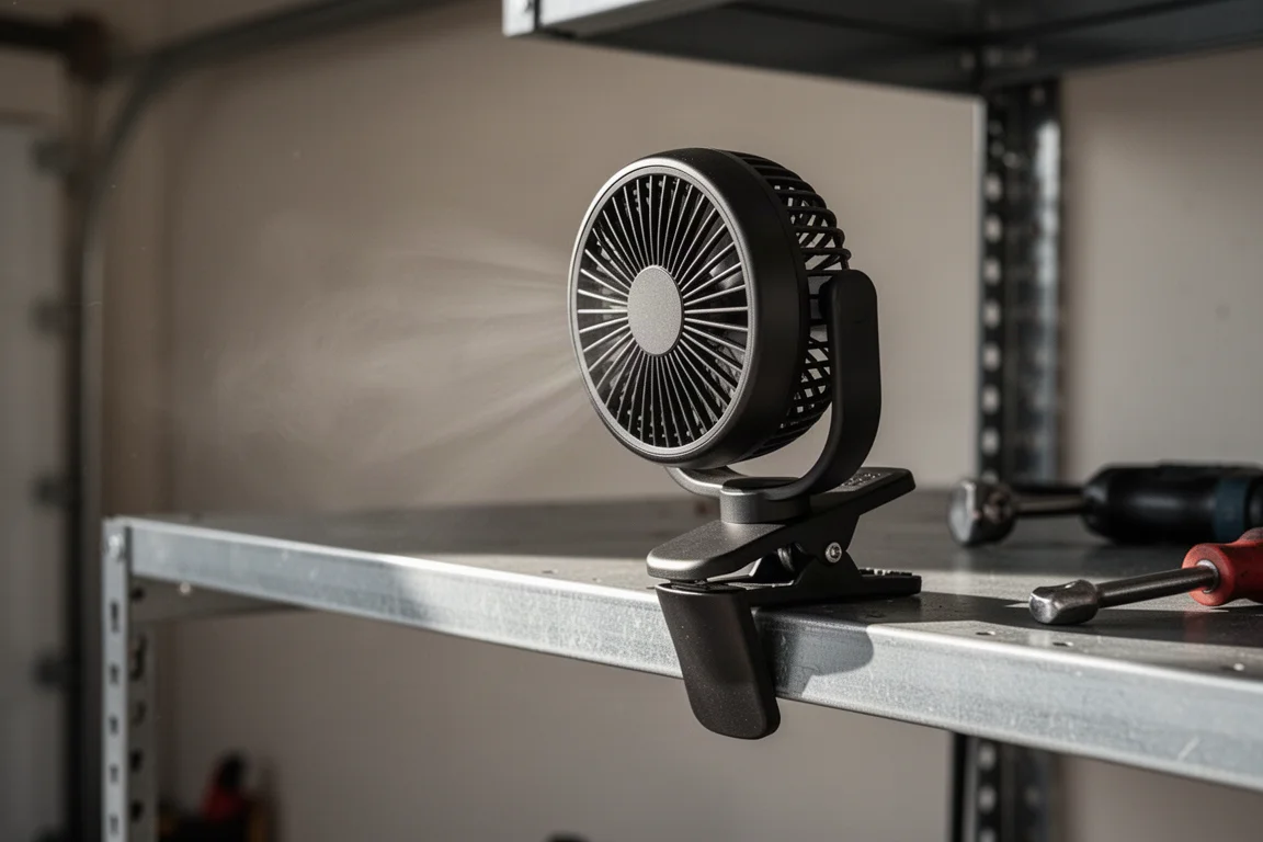 Compacte klemventilator op een plank geklemd die luchtcirculatie richt in een garagewerkplaats