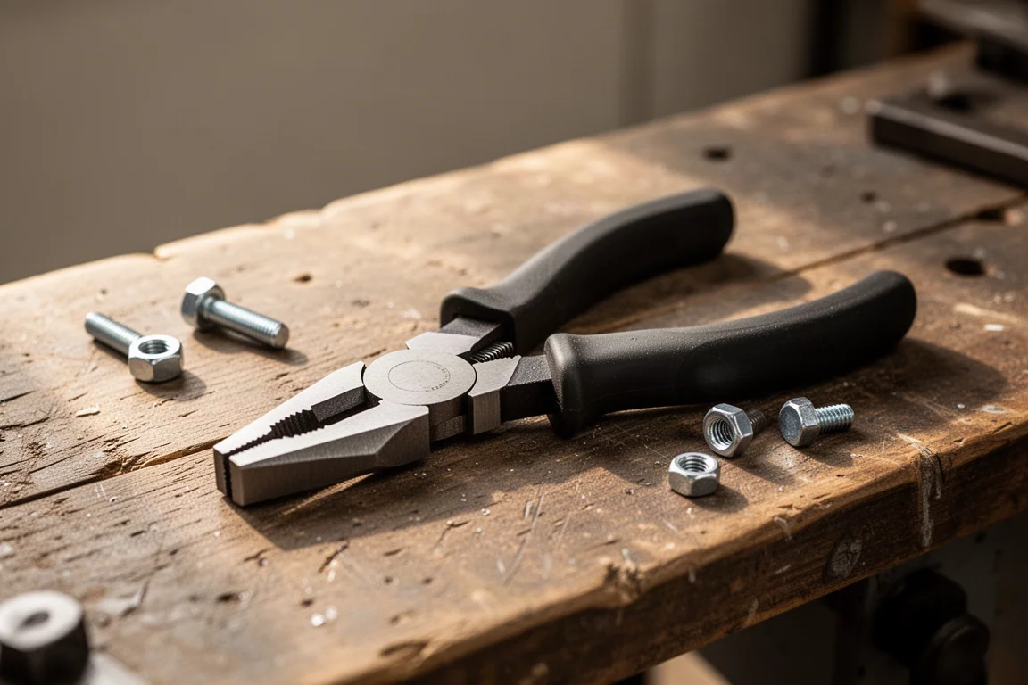 Tang met comfortabele greep rustend op een werkbank naast kleine bevestigingsmiddelen