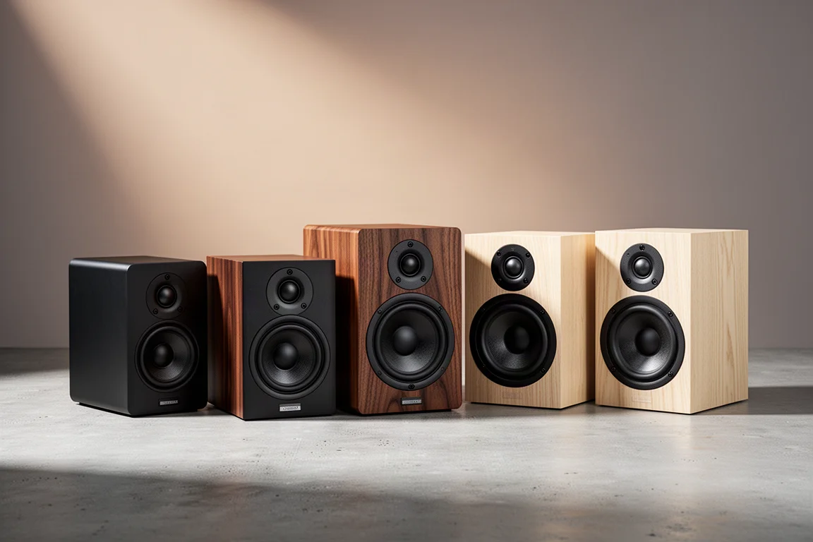 Row of bookshelf speakers in different finishes on a concrete surface