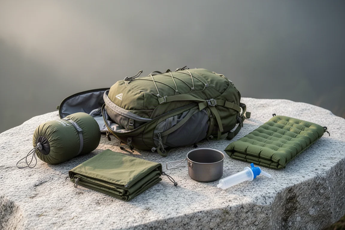 Open hiking backpack on a granite slab surrounded by tent, sleeping bag, pad, stove and filter