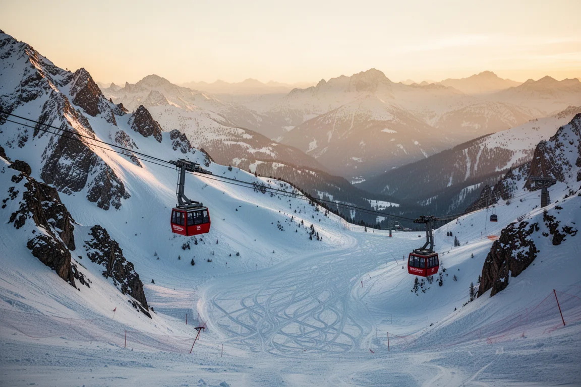 Snowy alpine ski resort bowl with a tram and powder tracks at golden hour
