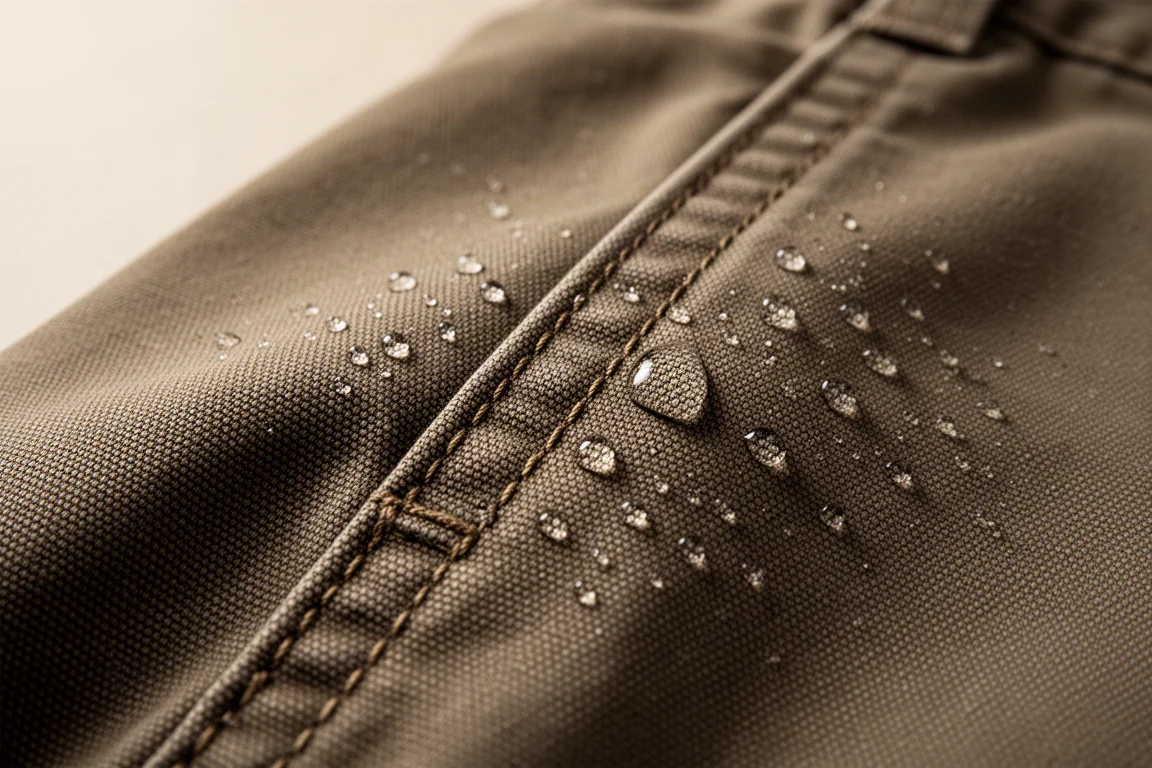 Close-up van dik Cordura-werkbroekenstof met weefstructuur en versterkte stiksels
