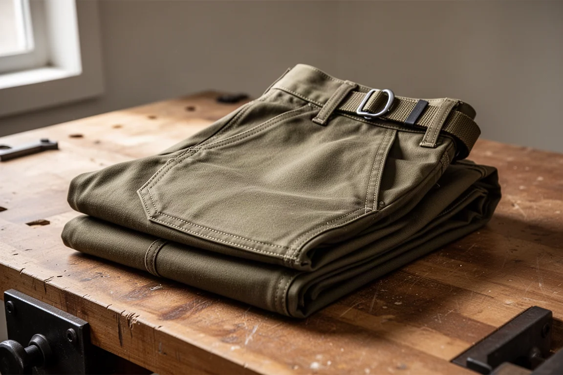 Heavy-duty dark khaki work pants folded on a wood table showing reinforced stitching