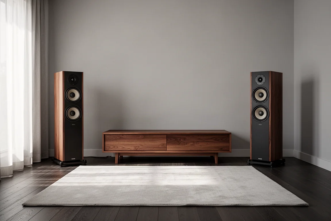 Quiet listening room with two tall floorstanding speakers beside a low wooden console