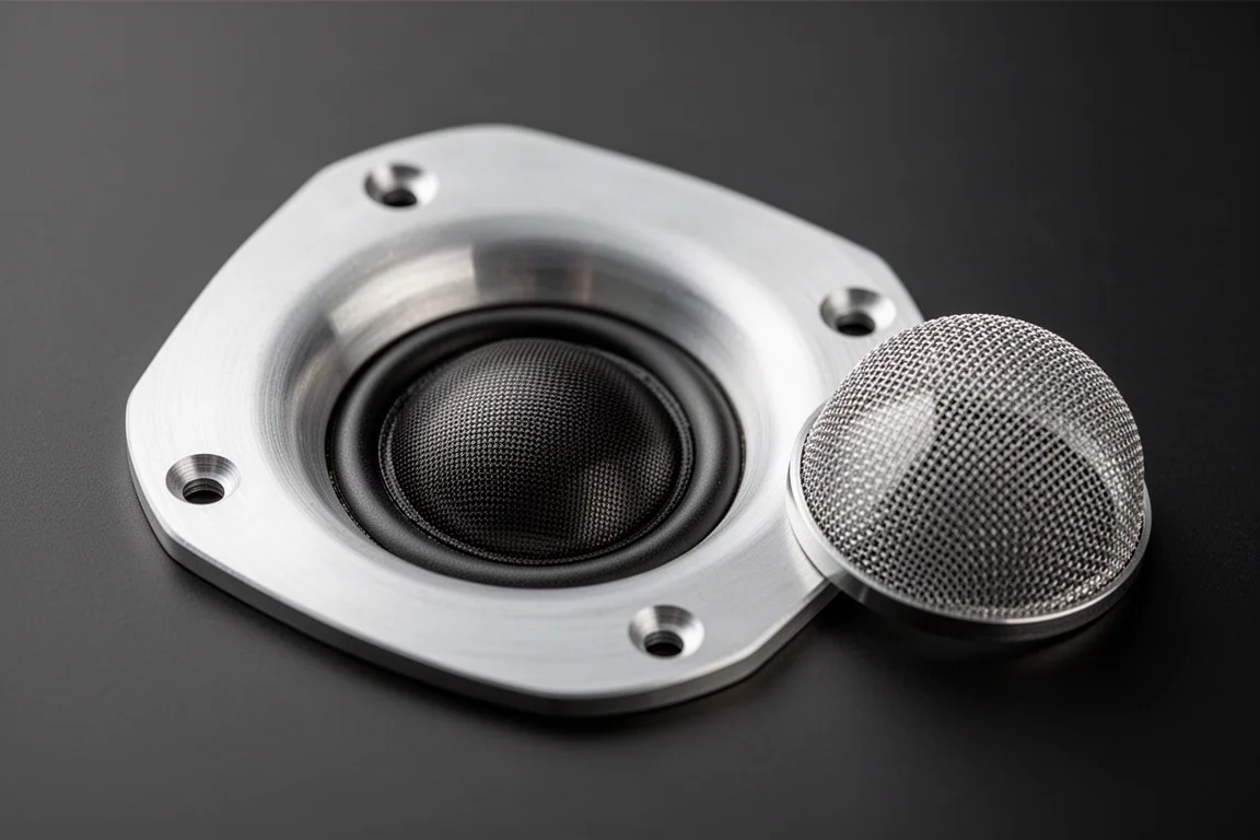Close-up of a fabric dome tweeter set into a machined aluminium waveguide plate
