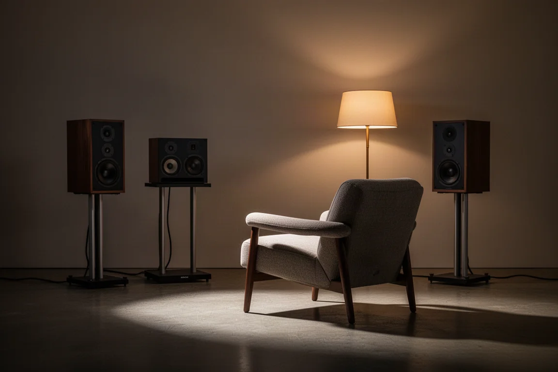 Dim listening room at dusk with an armchair facing two stand-mount speakers
