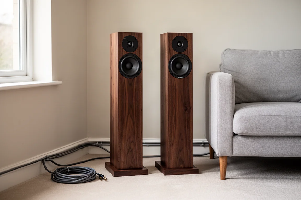 Pair of dark wooden speaker stands beside a sofa with speaker cable on the floor
