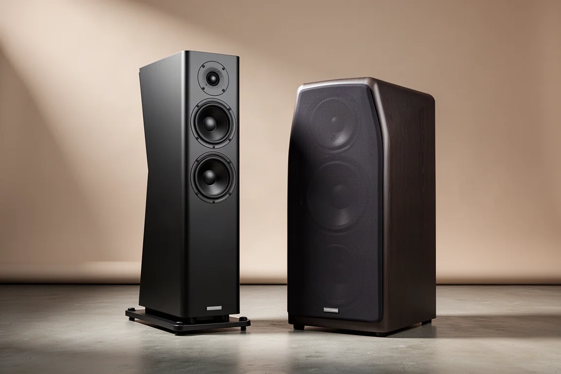 Floorstanding tower speaker and large stand-mount speaker side by side on a concrete floor