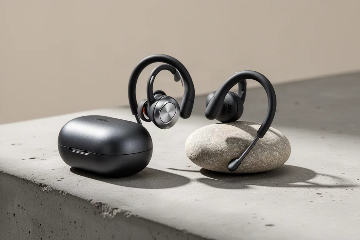 Compact open-ear sports earbuds and charging case on a concrete surface