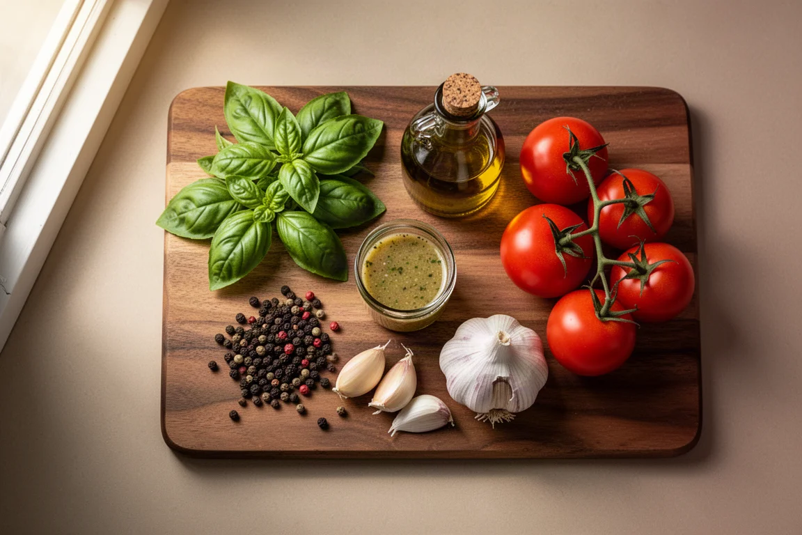 Erbe fresche, aglio, grani di pepe e olio d'oliva disposti su un tagliere di legno per preparare un condimento