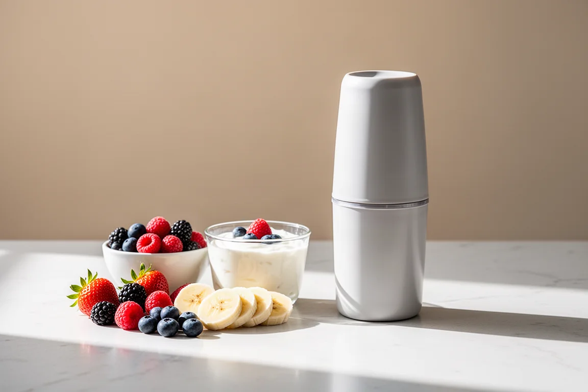 Ingredienti per frullati e una tazza di frullatore compatta su un piano di cucina nella luce del mattino