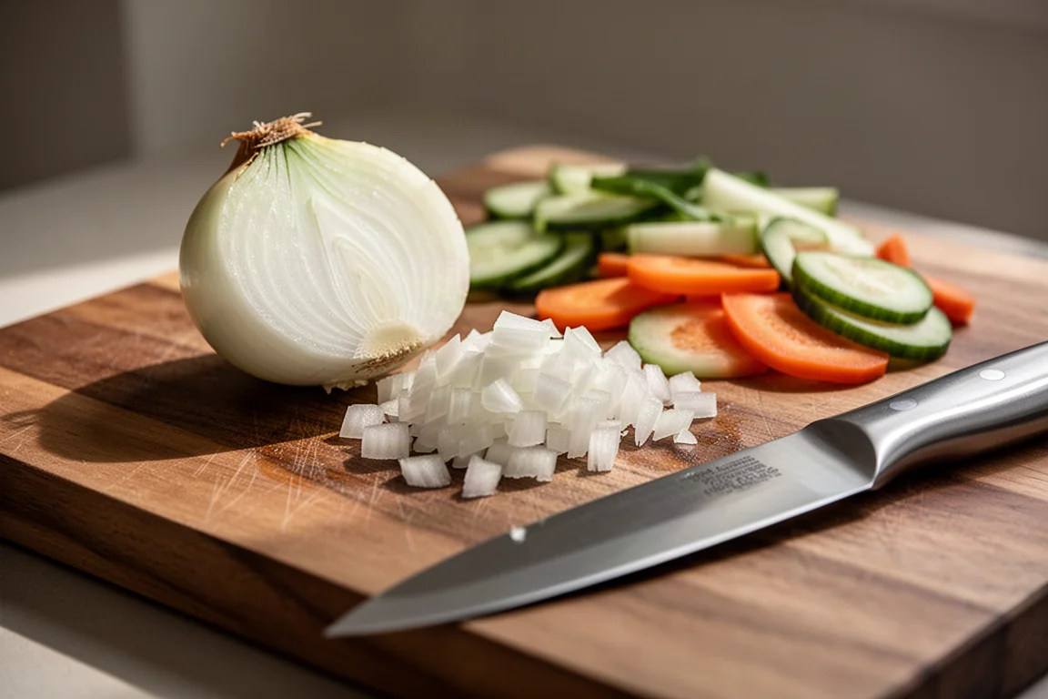Cipolla tritata e verdure su un tagliere con un coltello appoggiato vicino