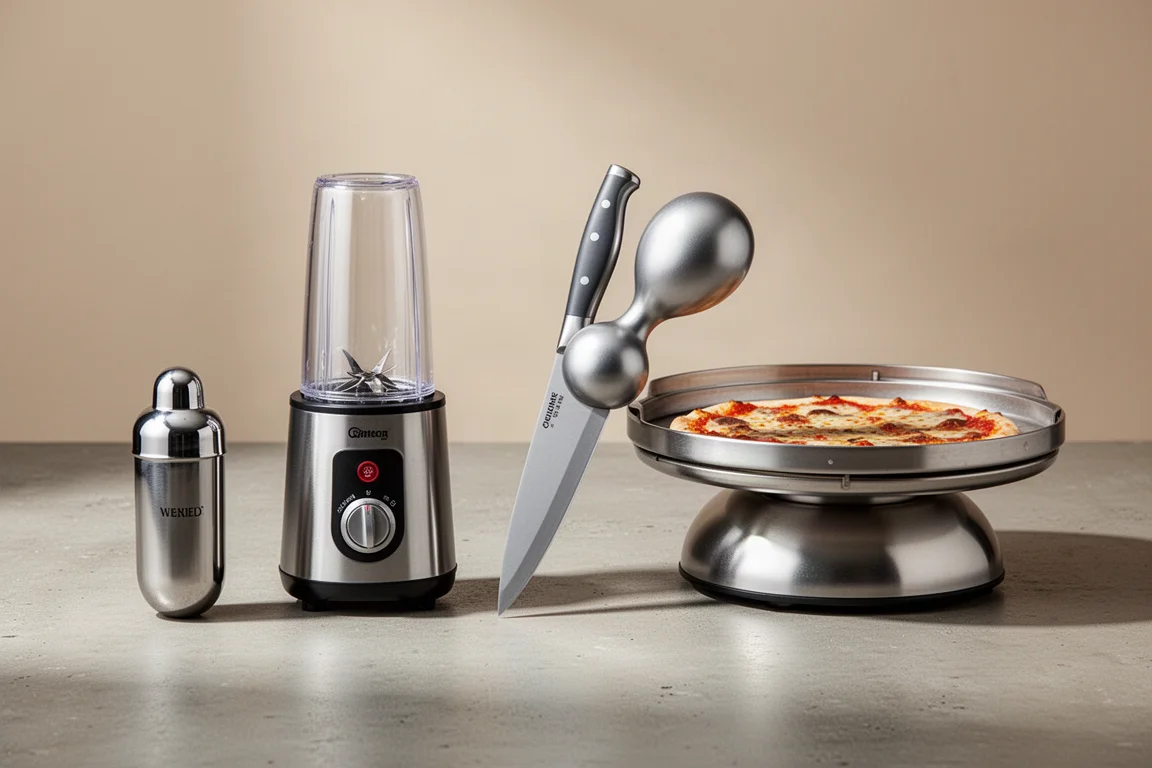 Quattro gadget da cucina retrò degli anni 2000 allineati su una superficie di cemento