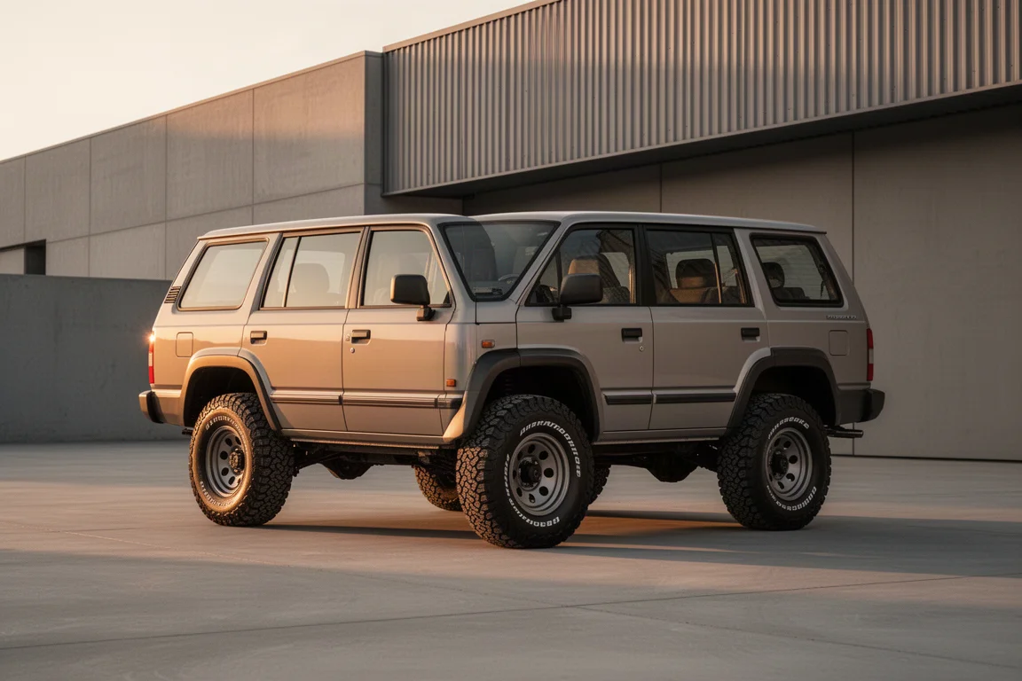 Offroad-SUV met vier deuren geparkeerd op beton bij zacht natuurlijk licht