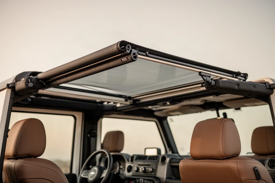 Close-up van een softtop die inklapt over het interieur van een offroad-SUV