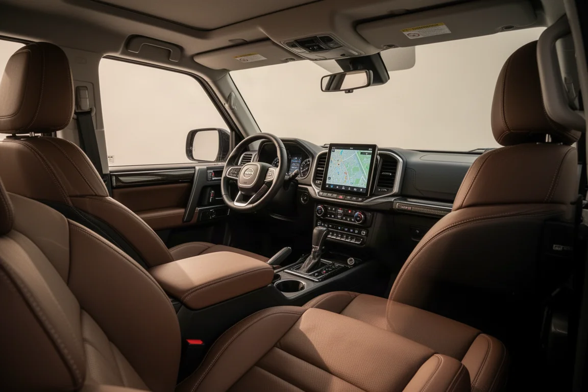 Interieur van een offroad-SUV met vier deuren, met lederen stoelen en centraal touchscreen