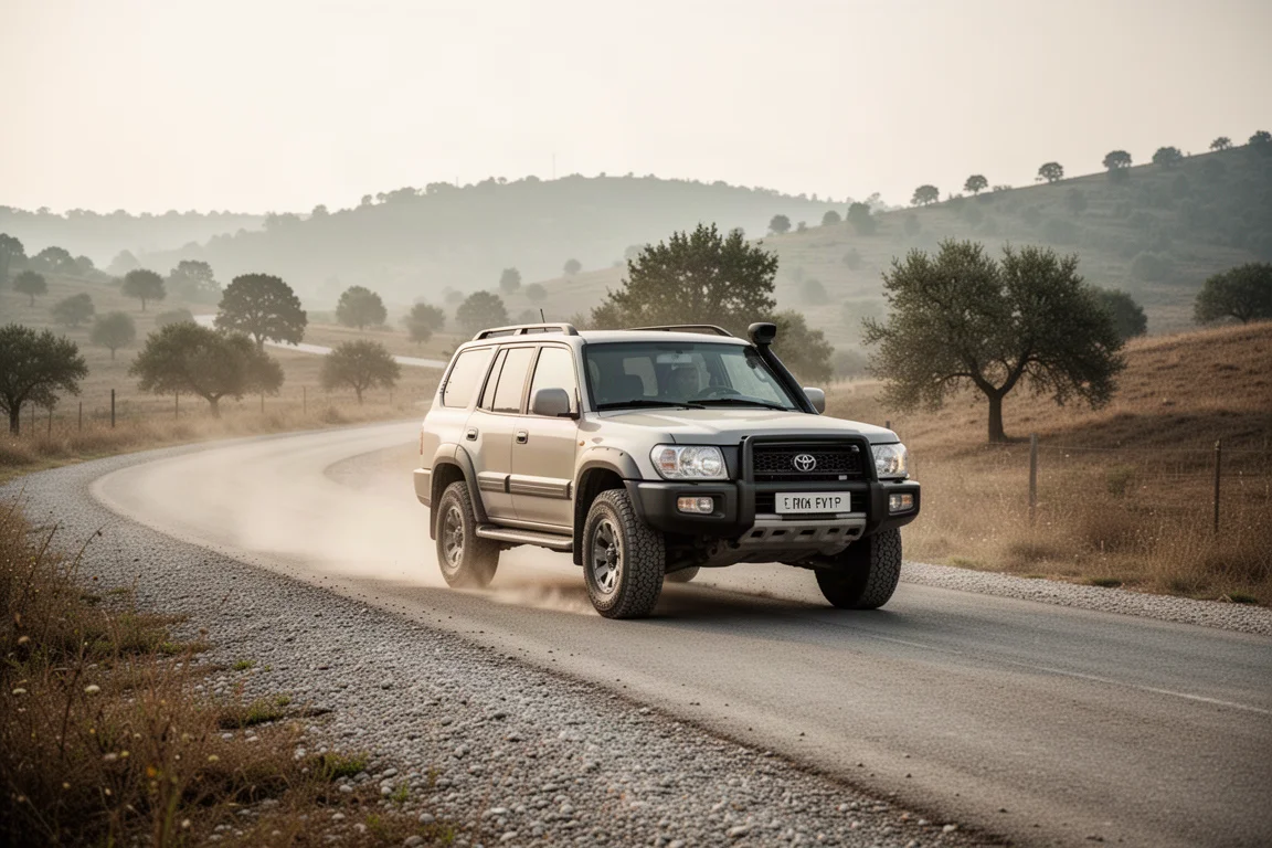 Offroad-SUV rijdt over een kronkelende landweg in zacht ochtendlicht
