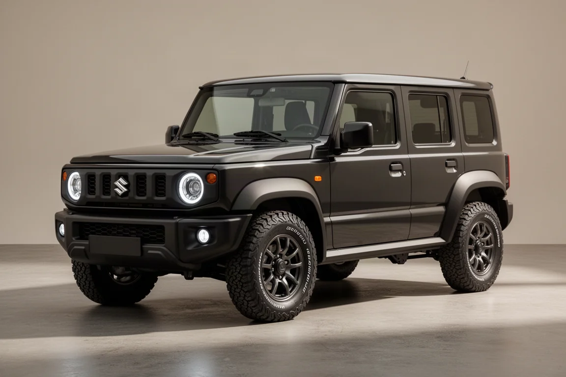 Donkere offroad-SUV met vier deuren, schuin van voren gefotografeerd op beton