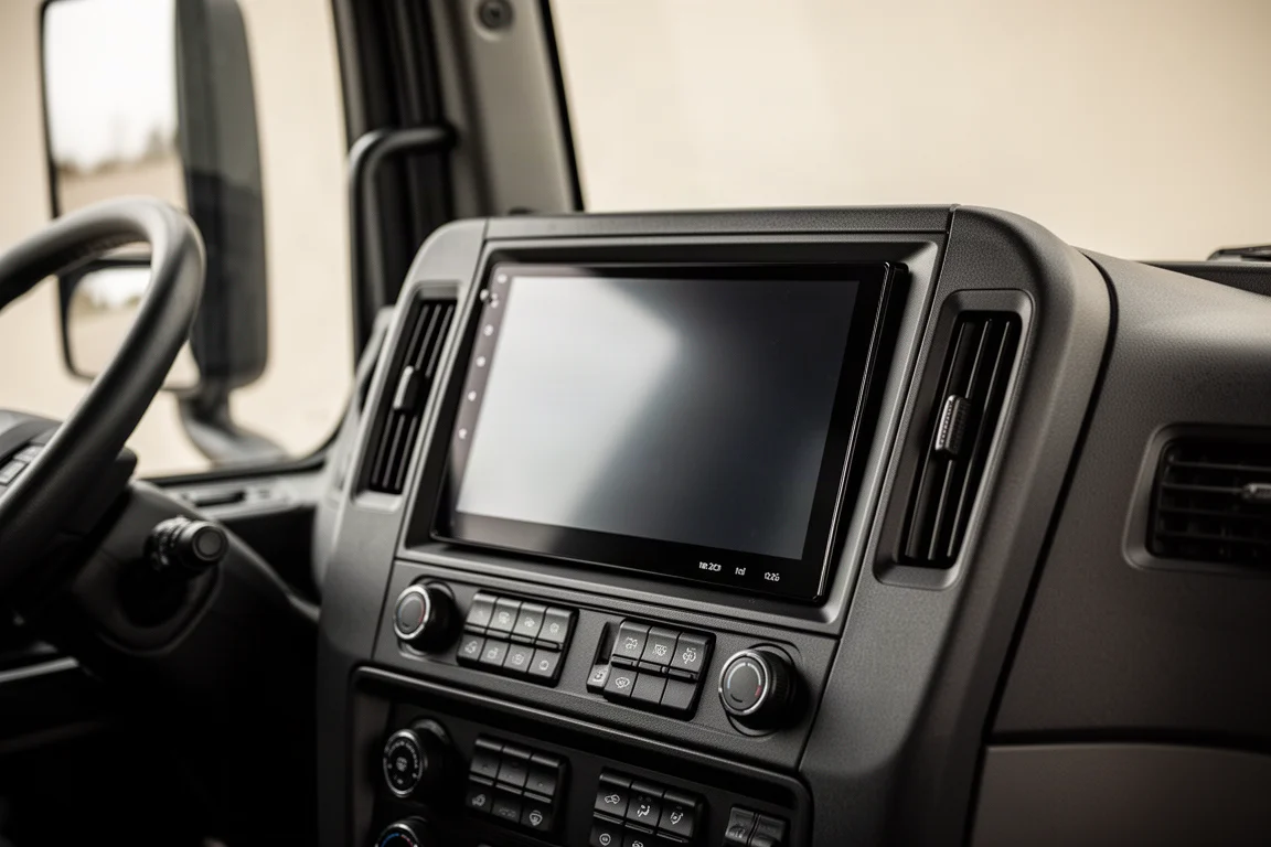 Groot touchscreen met infotainmentsysteem in een moderne vrachtwagencabine