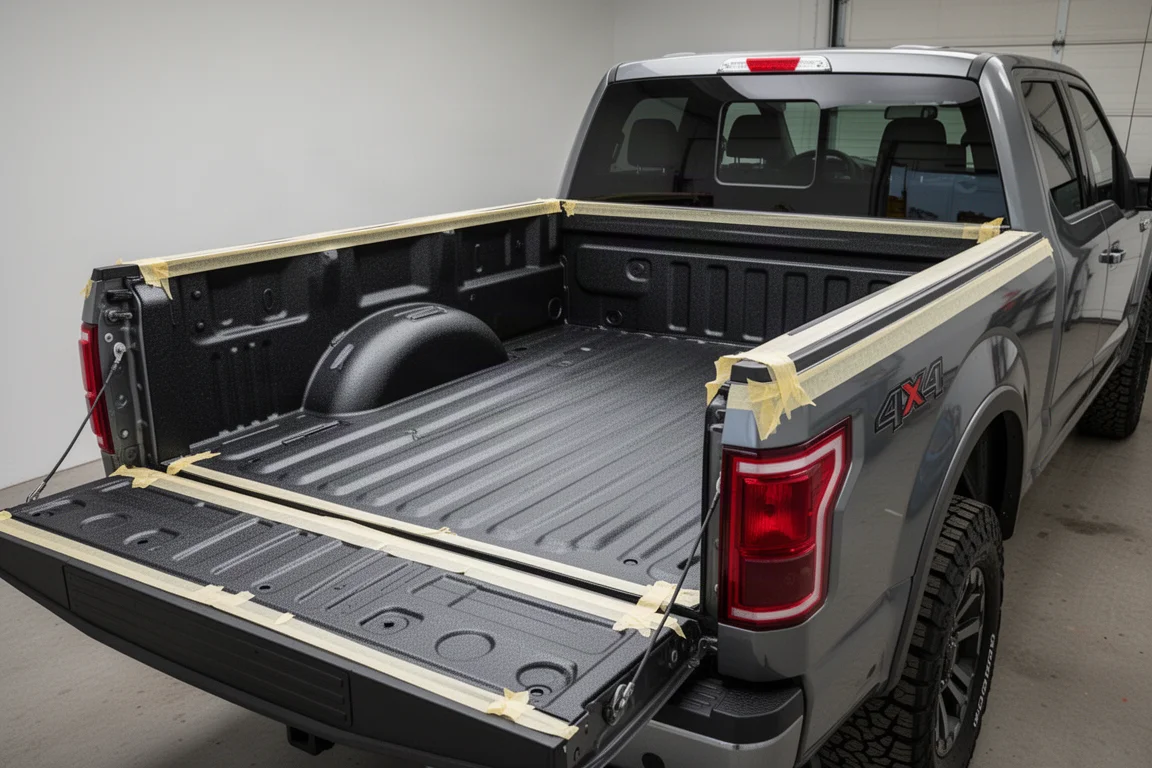 Laadbak van een pick-up klaargemaakt voor het aanbrengen van een spuitbare bakbeschermer