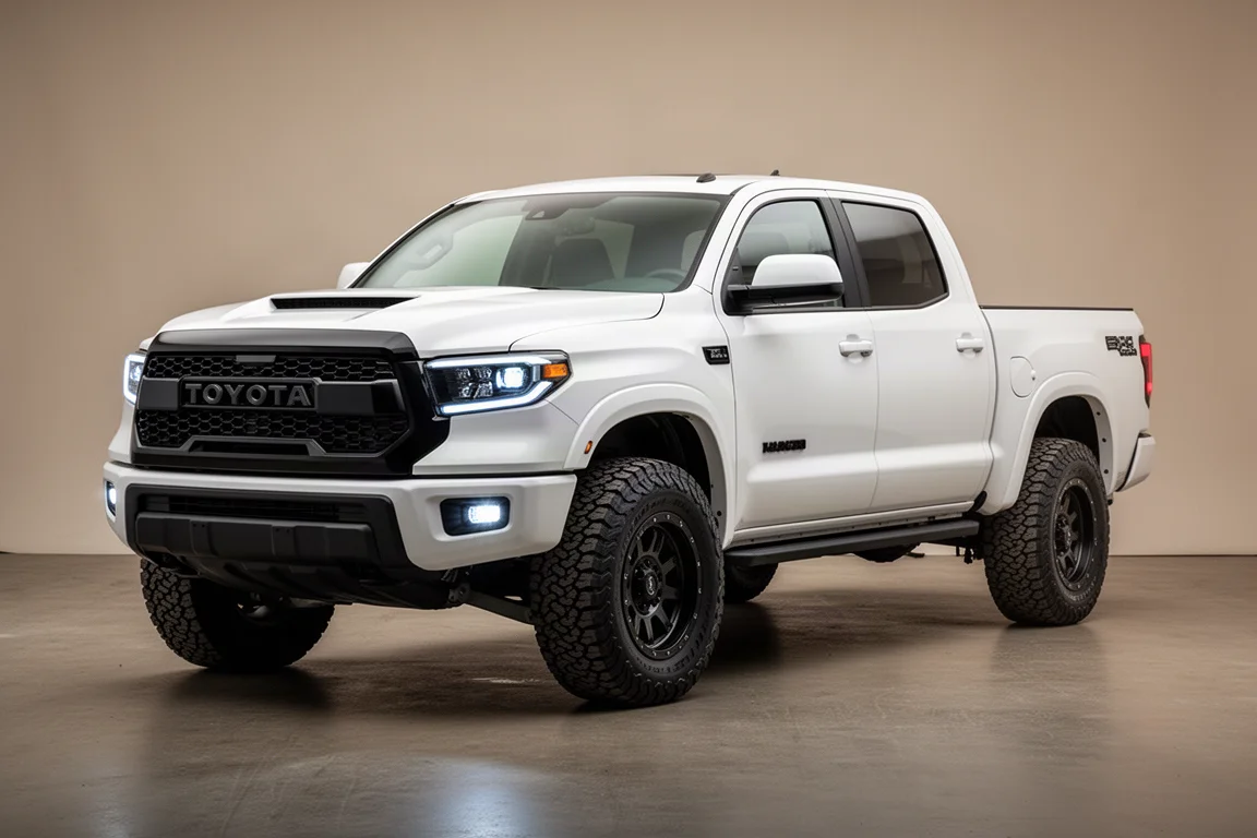 Witte zware pick-up met zwartgelakte trim en all-terrain banden