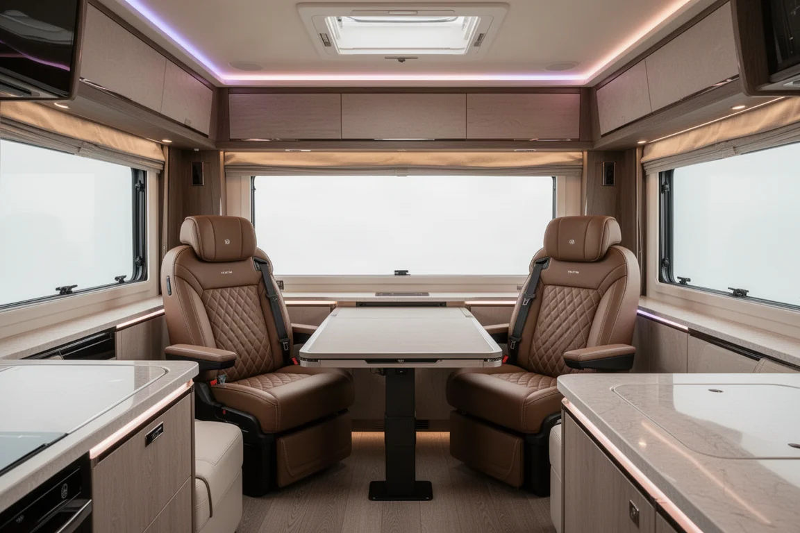 Interior of a luxury motorhome with RGB ceiling lighting and captain's chairs