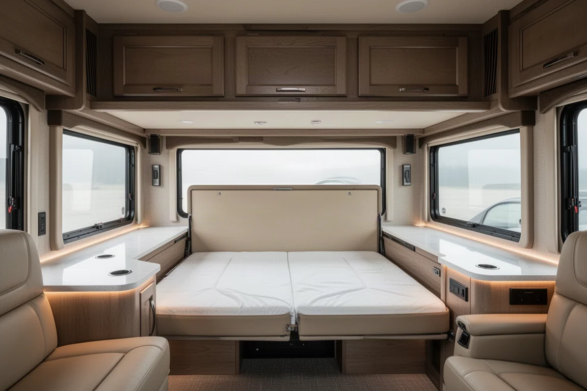 Triple bunks and Murphy bed area in the rear of a luxury motorcoach