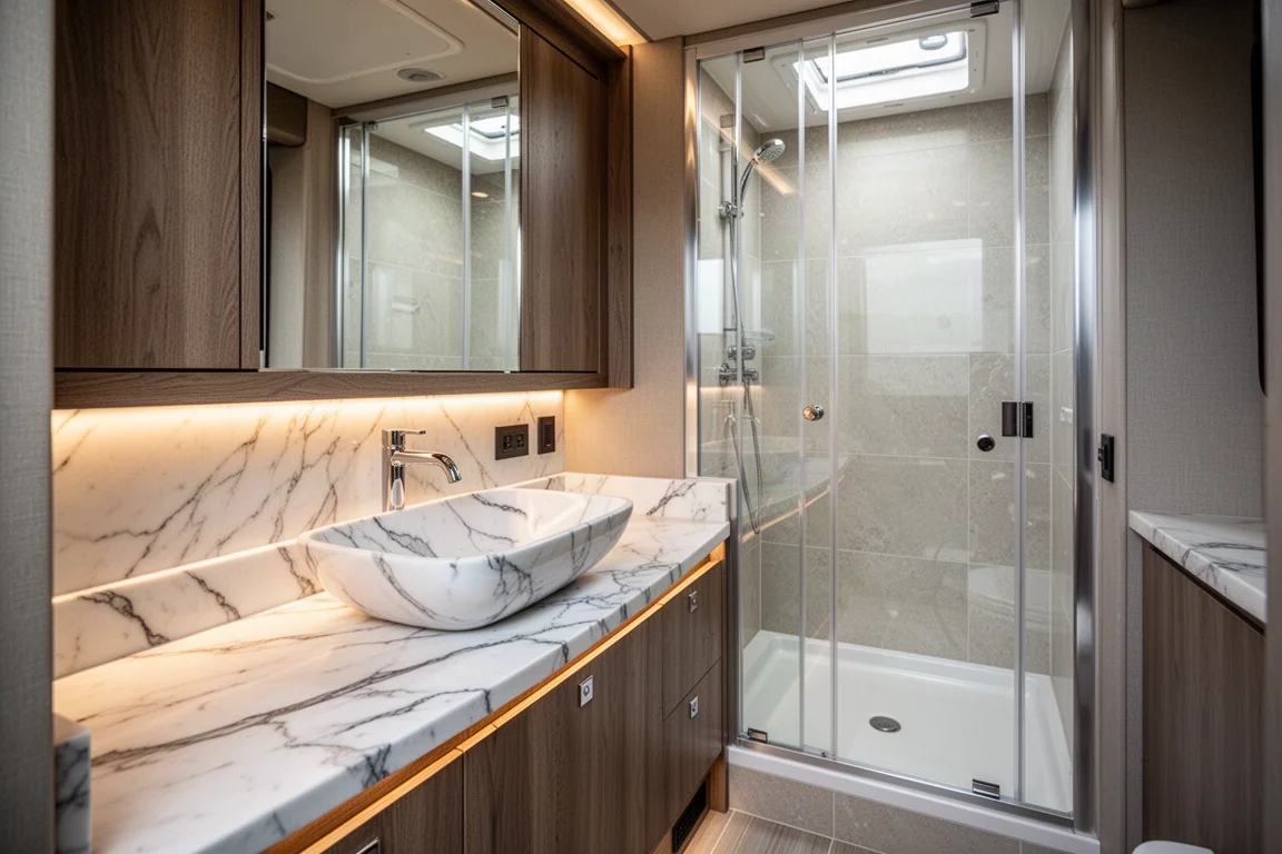 Full rear bathroom with underlit countertop and large shower