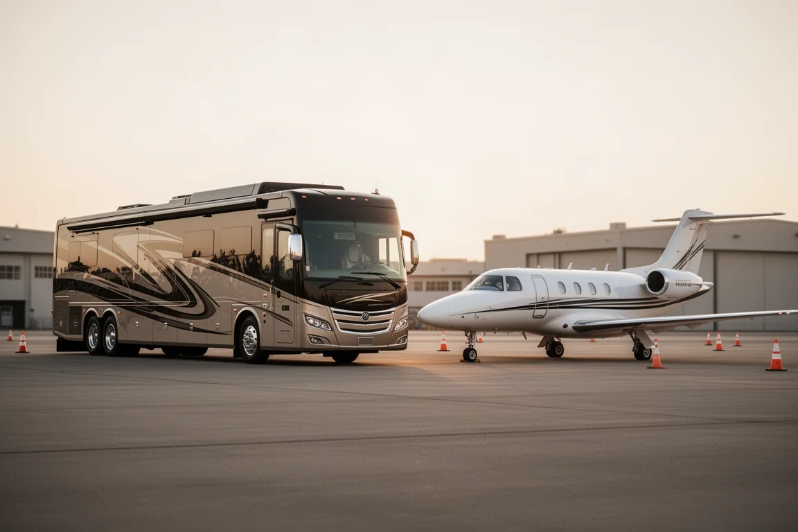 Large luxury motorcoach parked nose to nose with a private jet on an airport apron