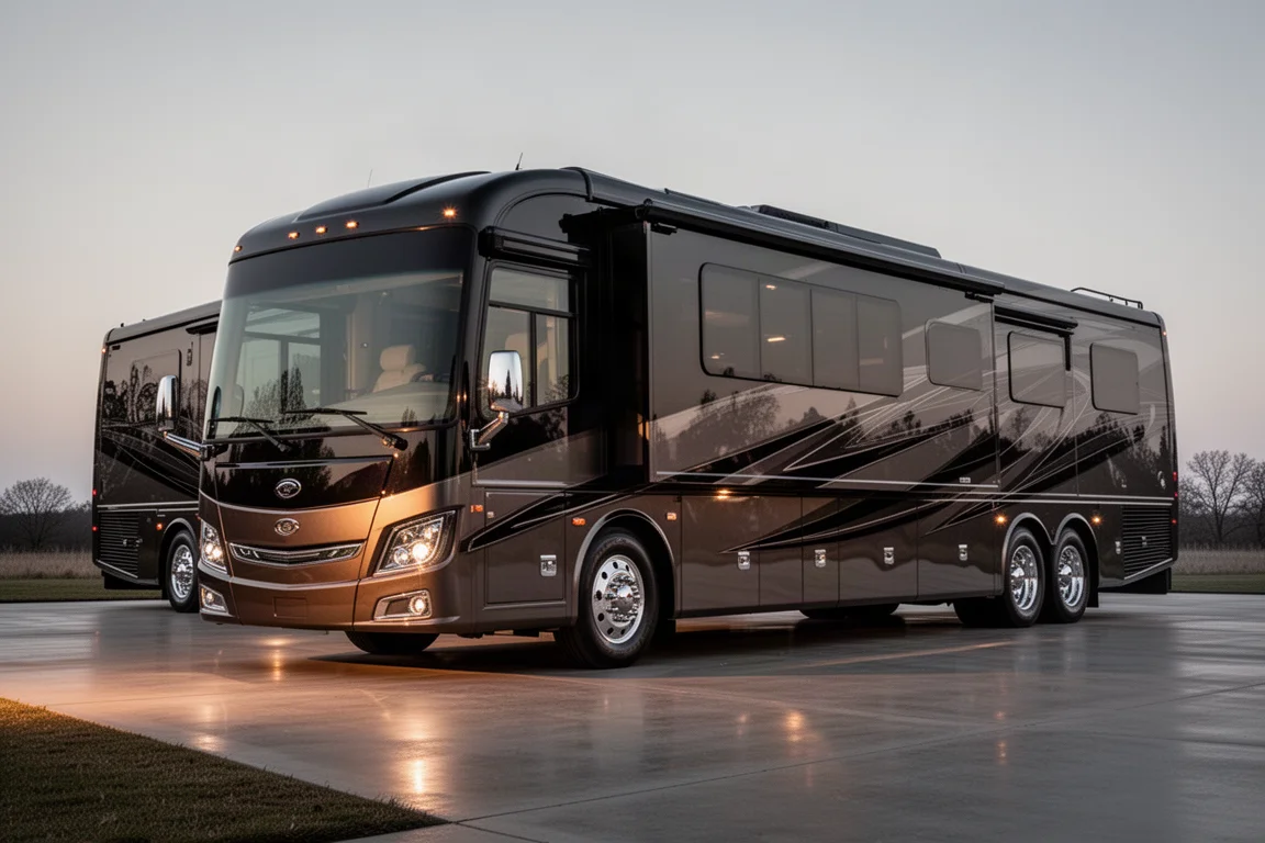 45-foot luxury Class A motorhome in metallic paint parked on a concrete apron at dusk