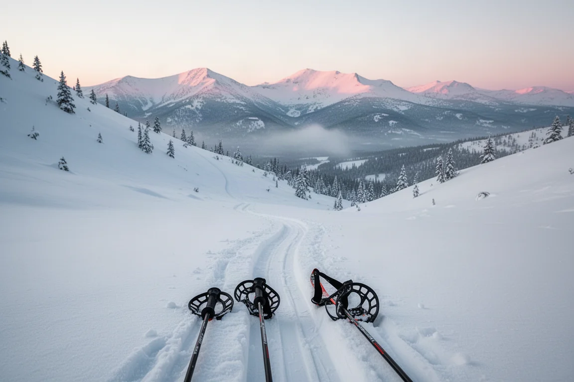 Huella de subida que serpentea cuesta arriba por nieve profunda al amanecer