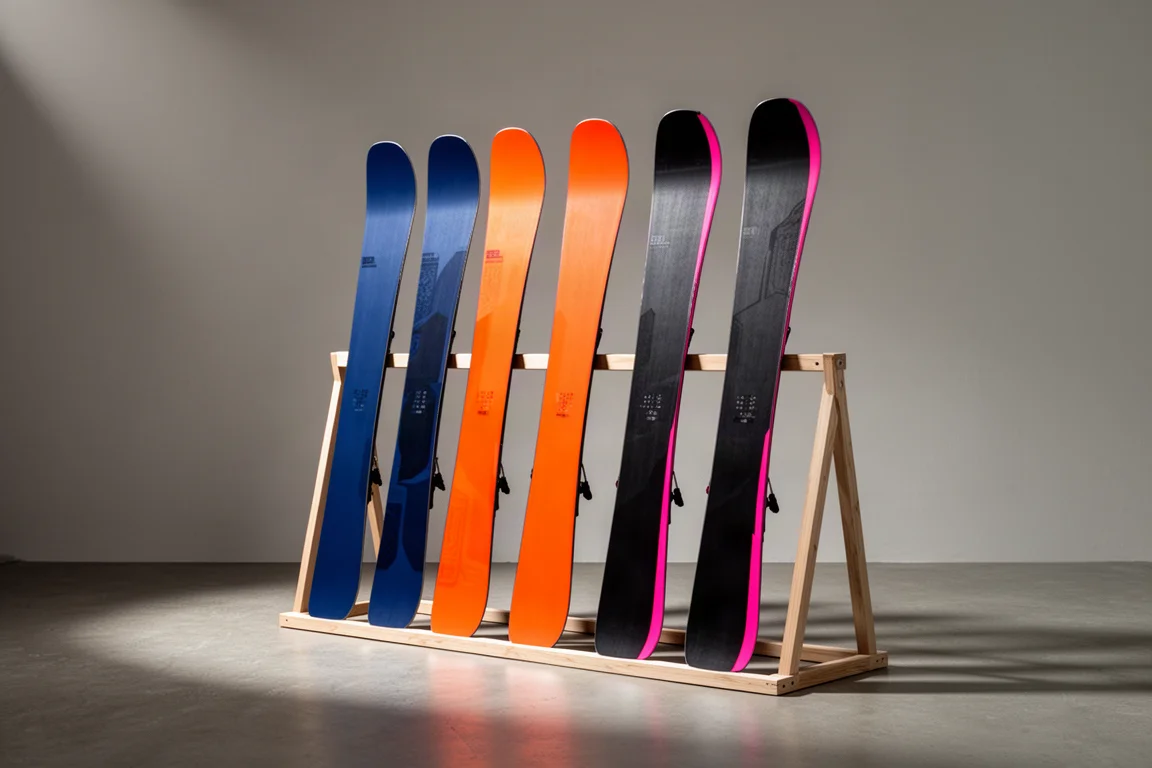 Seis esquís de freeride en azul, naranja y negro colocados verticalmente en un rack de madera