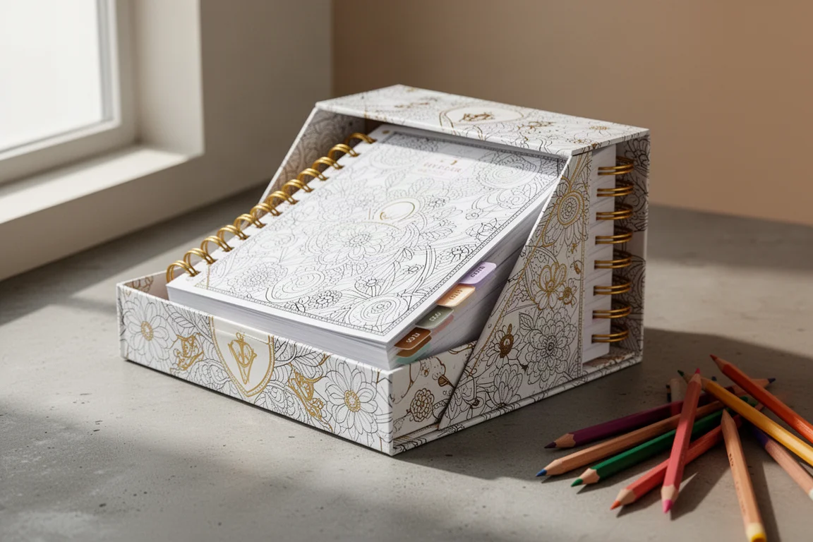 Coloring planner con copertina rigida in una scatola personalizzata con rilegatura dorata e matite colorate accanto