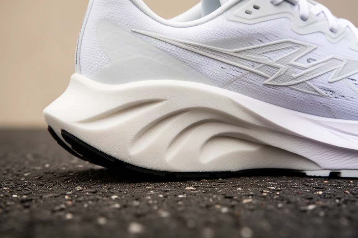 Primer plano de una mediasuela blanca y gruesa de super shoe comprimiéndose sobre asfalto