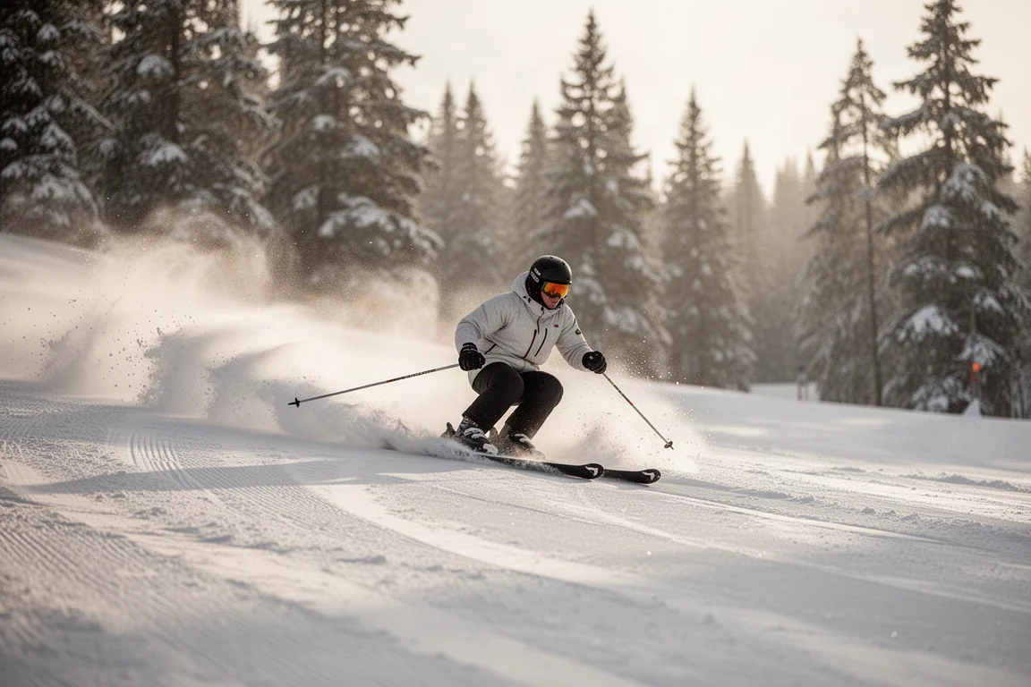 Skier carving a groomed run in soft morning light