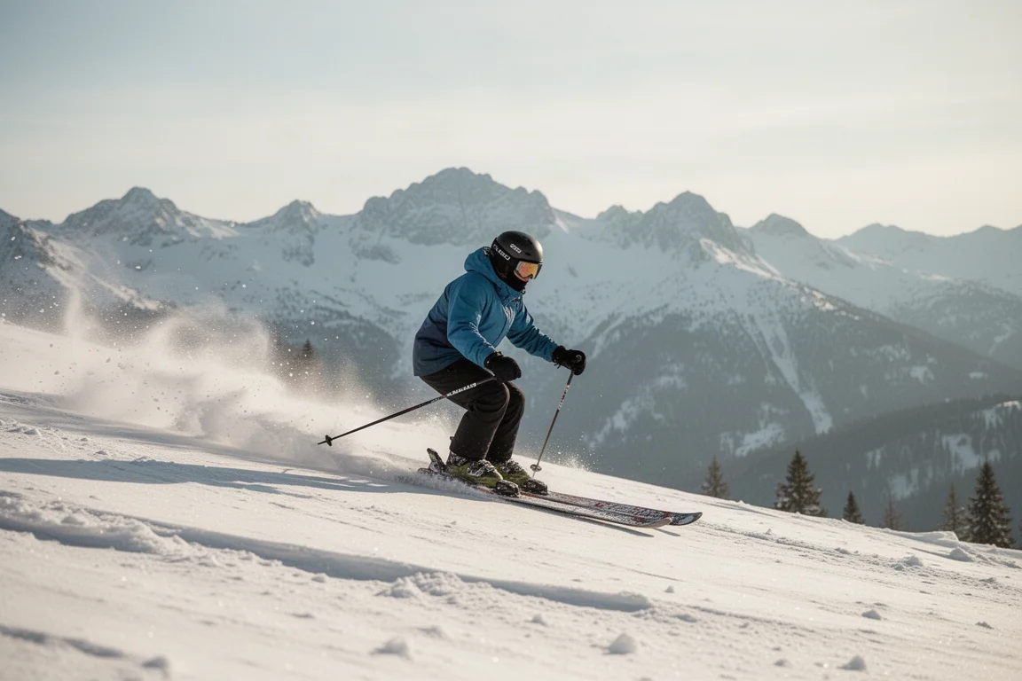 All-mountain skier navigating mixed terrain and firm snow