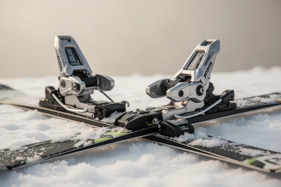 Close-up of alpine ski bindings mounted on skis on packed snow