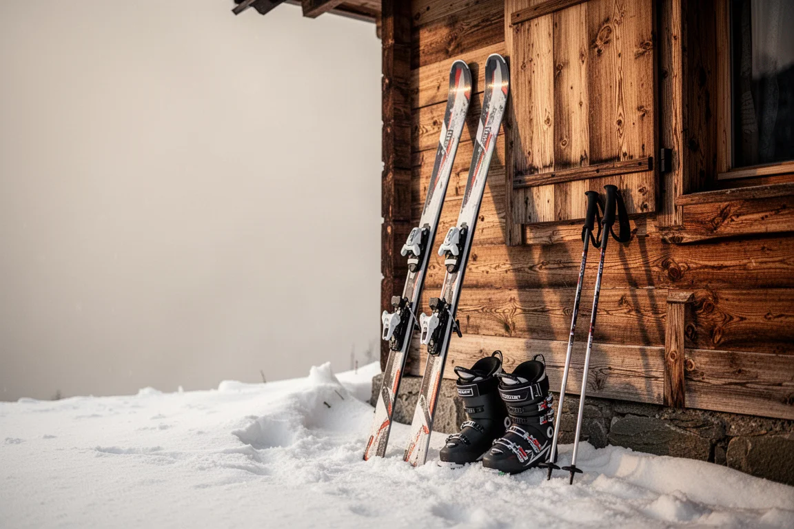 Skis leaning against a wooden ski lodge wall in late afternoon light