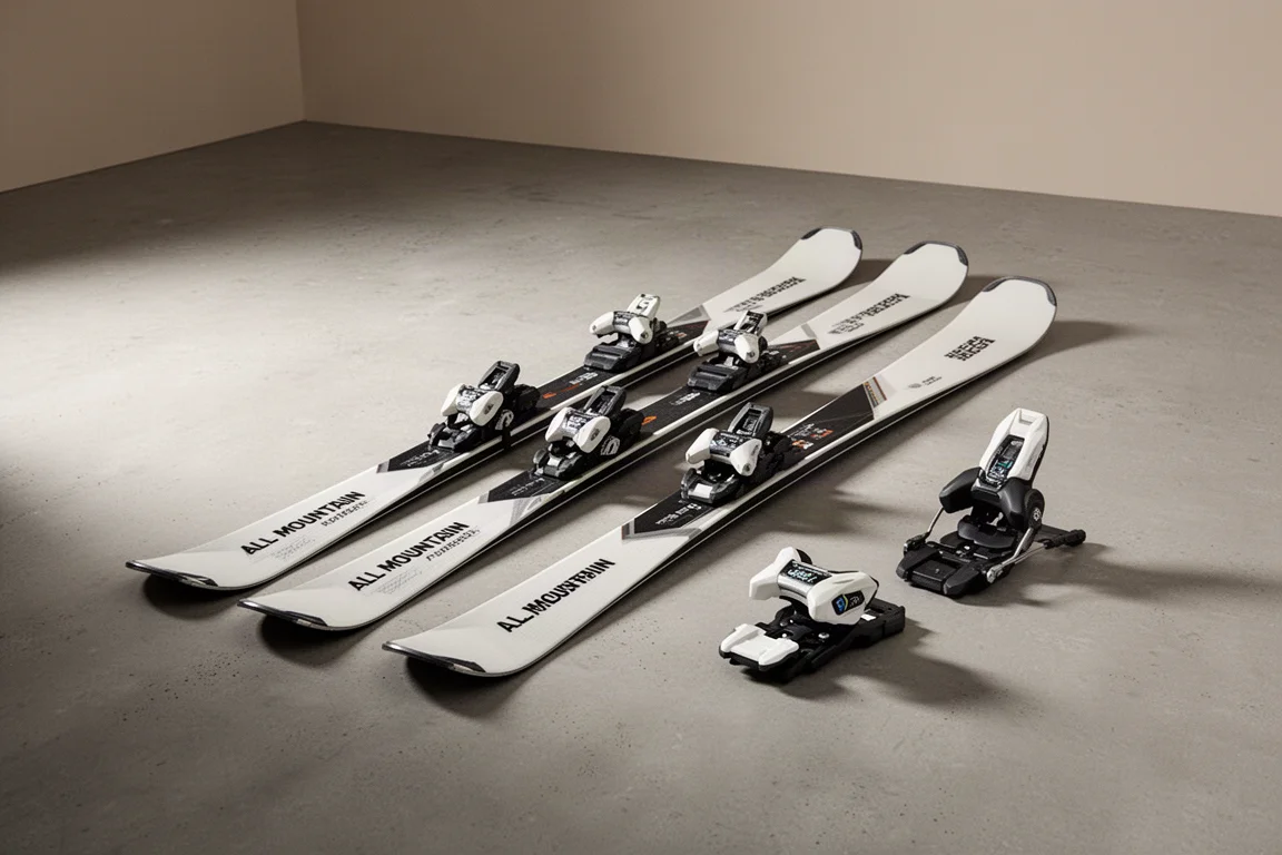 All-mountain skis, powder skis, and alpine bindings on concrete surface