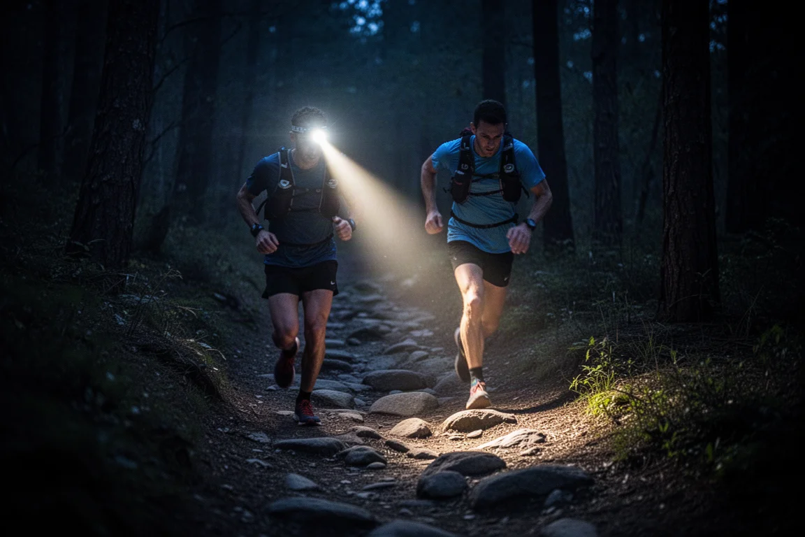 Trail runner en un sendero forestal oscuro iluminado por el haz de un frontal