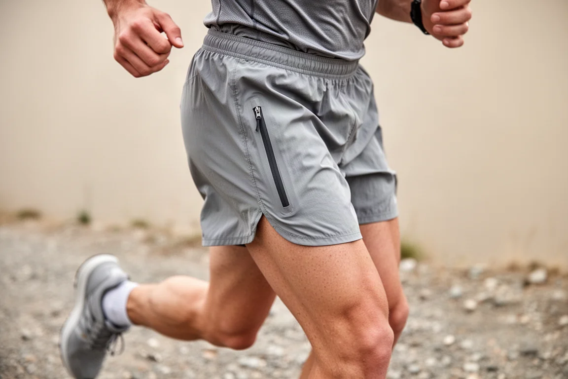 Primer plano del bolsillo con cremallera de un pantalón corto de running en la cadera de un corredor