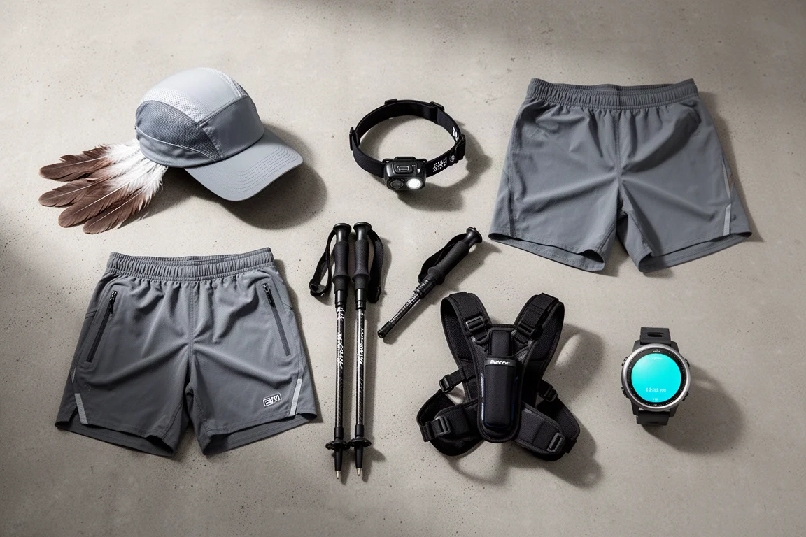 Flat-Lay von Running-Ausrüstung inklusive Cap, Stirnlampe, Shorts, Stöcken, Quiver und GPS-Uhr
